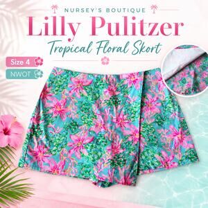 Lilly Pulitzer Floral Skort Size 4 Turquois Pink Tropical Mini Skirt Shorts NWOT